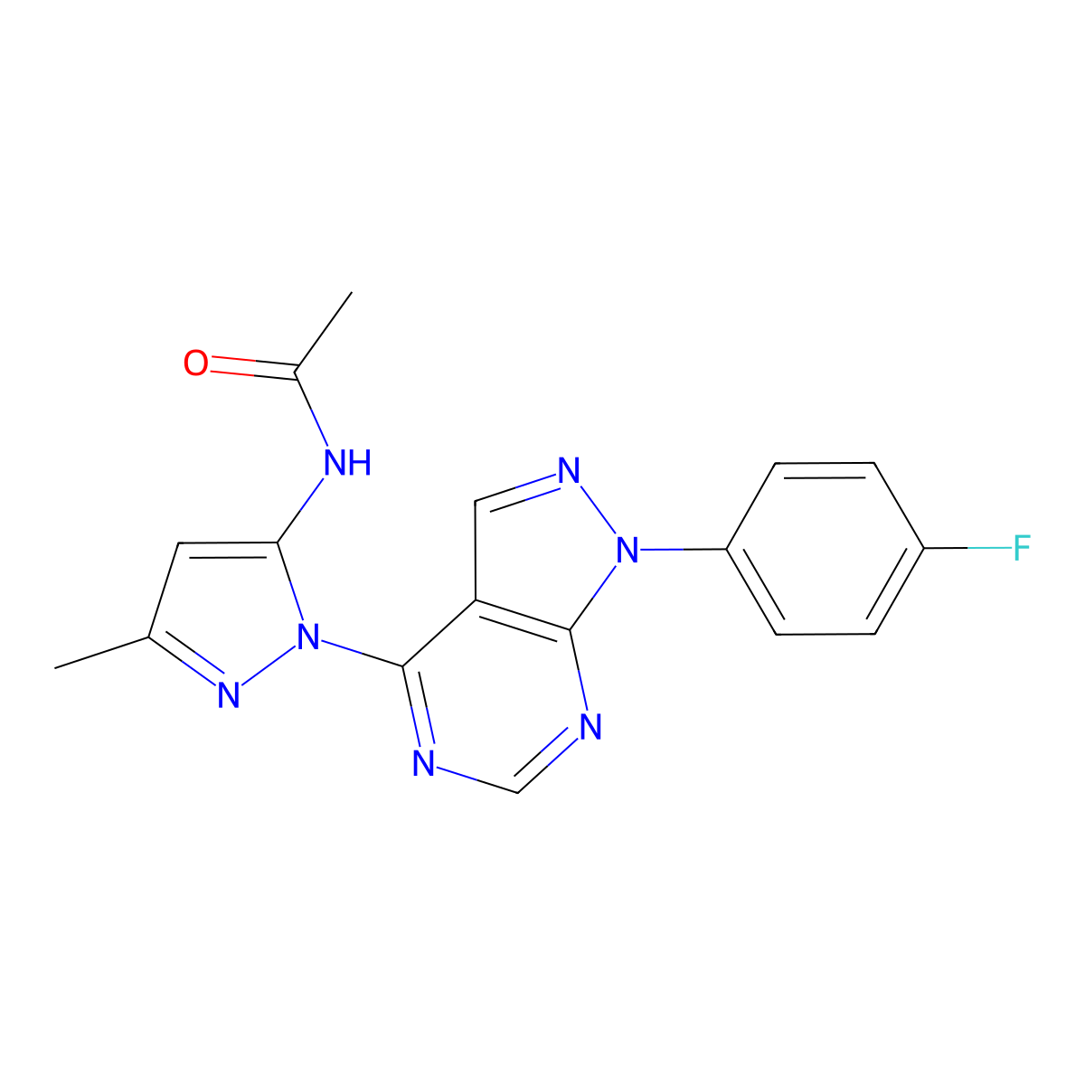 N-{1-[1-(4-fluorophenyl)-1H-pyrazolo[3,4-d]pyrimidin-4-yl]-3-methyl-1H-pyrazol-5-yl}acetamide molecular structure, CAS 1007047-02-0