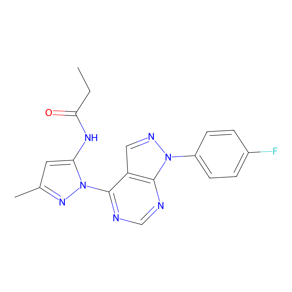 N-{1-[1-(4-fluorophenyl)-1H-pyrazolo[3,4-d]pyrimidin-4-yl]-3-methyl-1H-pyrazol-5-yl}propanamide molecular structure, CAS 1007047-08-6