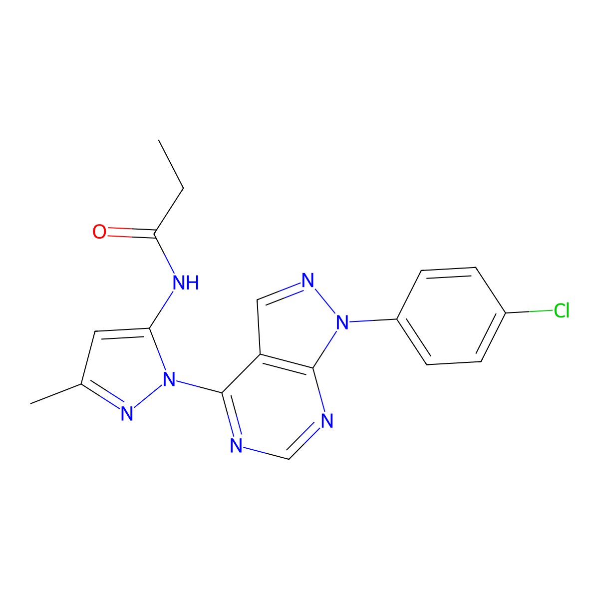 N-(1-(1-(4-chlorophenyl)-1H-pyrazolo[3,4-d]pyrimidin-4-yl)-3-methyl-1H-pyrazol-5-yl)propionamide molecular structure, CAS 1007047-14-4