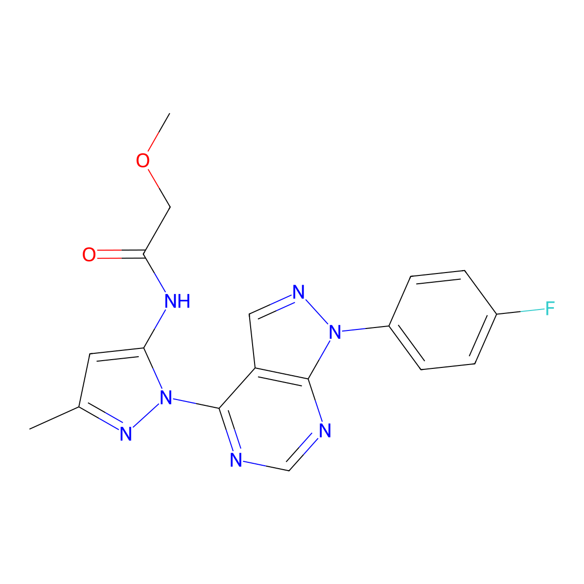 N-(1-(1-(4-fluorophenyl)-1H-pyrazolo[3,4-d]pyrimidin-4-yl)-3-methyl-1H-pyrazol-5-yl)-2-methoxyacetamide molecular structure, CAS 1007047-20-2
