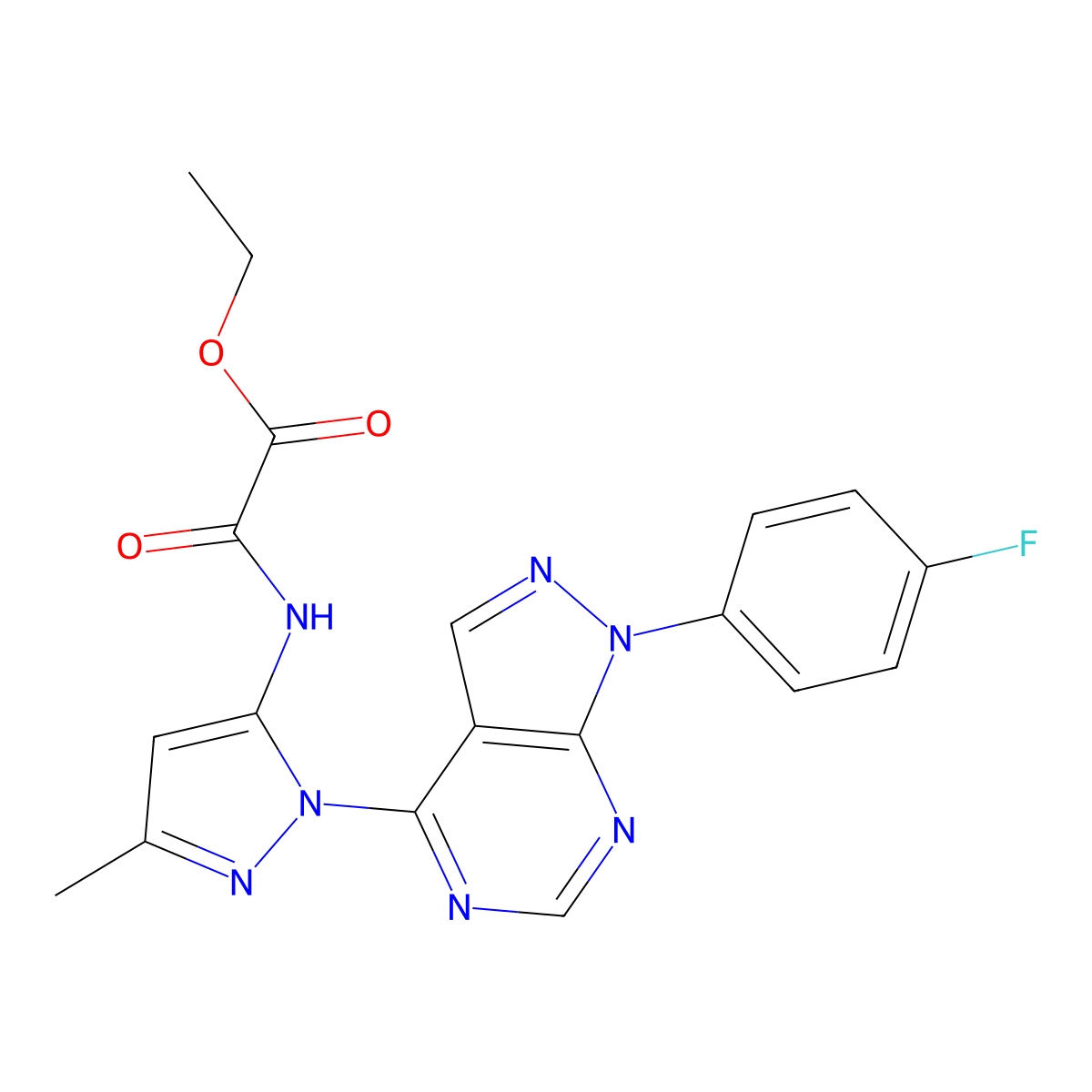 ethyl ({1-[1-(4-fluorophenyl)-1H-pyrazolo[3,4-d]pyrimidin-4-yl]-3-methyl-1H-pyrazol-5-yl}carbamoyl)formate molecular structure, CAS 1007060-59-4