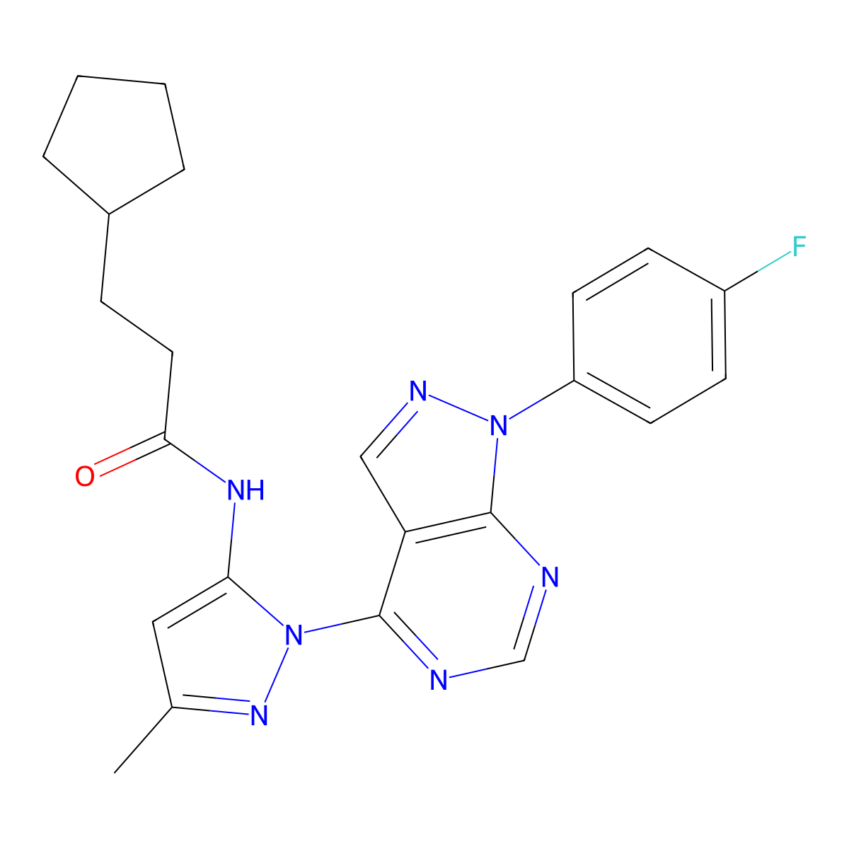 3-cyclopentyl-N-(1-(1-(4-fluorophenyl)-1H-pyrazolo[3,4-d]pyrimidin-4-yl)-3-methyl-1H-pyrazol-5-yl)propanamide molecular structure, CAS 1007060-79-8