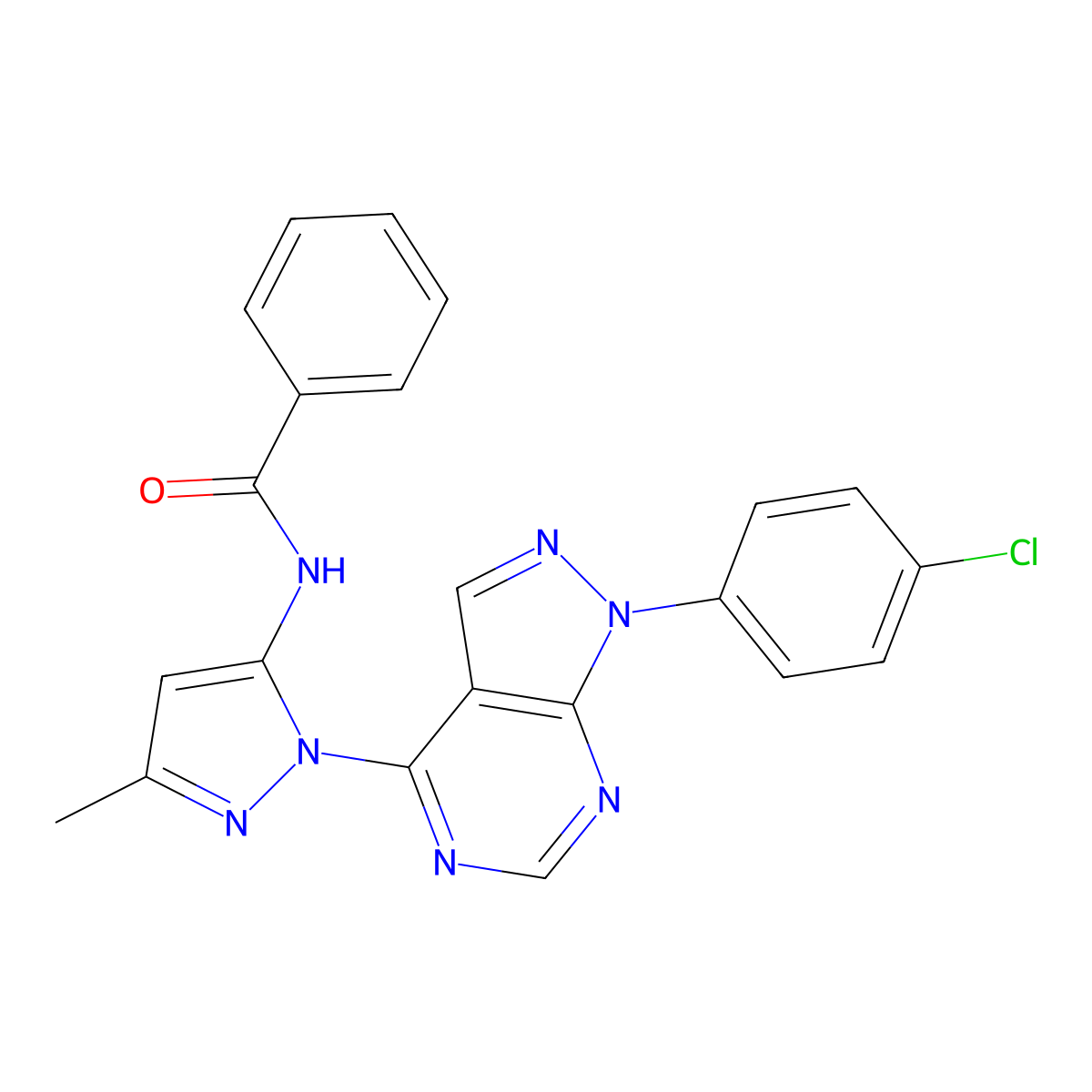 N-(1-(1-(4-chlorophenyl)-1H-pyrazolo[3,4-d]pyrimidin-4-yl)-3-methyl-1H-pyrazol-5-yl)benzamide molecular structure, CAS 1007061-19-9