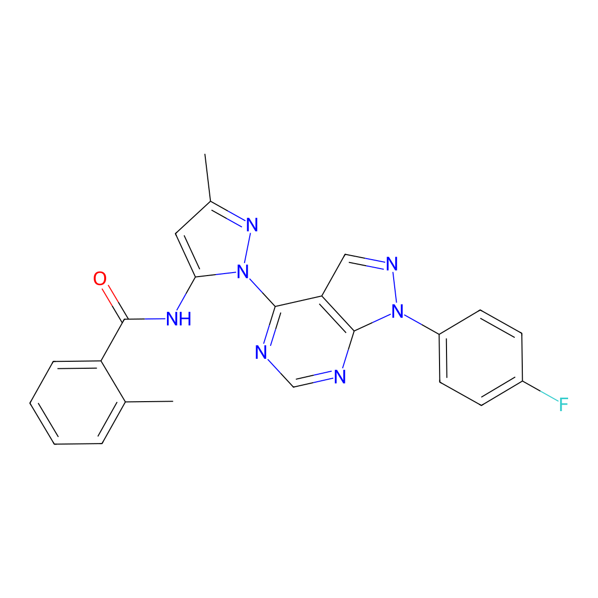N-(1-(1-(4-fluorophenyl)-1H-pyrazolo[3,4-d]pyrimidin-4-yl)-3-methyl-1H-pyrazol-5-yl)-2-methylbenzamide molecular structure, CAS 1007061-33-7