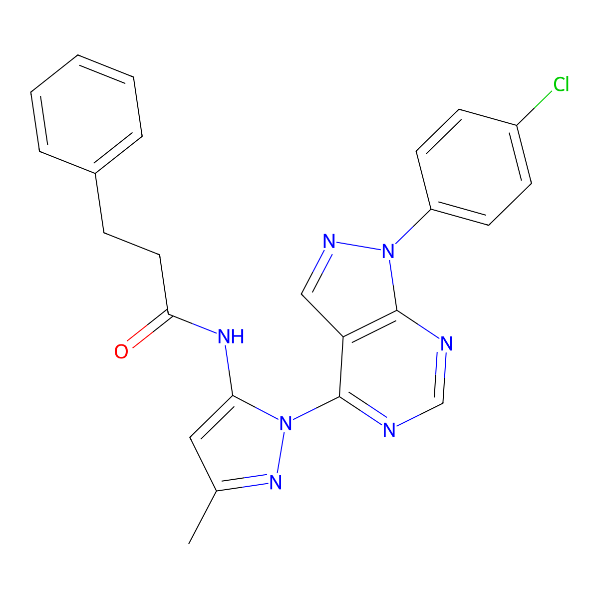 N-{1-[1-(4-chlorophenyl)-1H-pyrazolo[3,4-d]pyrimidin-4-yl]-3-methyl-1H-pyrazol-5-yl}-3-phenylpropanamide molecular structure, CAS 1007061-47-3