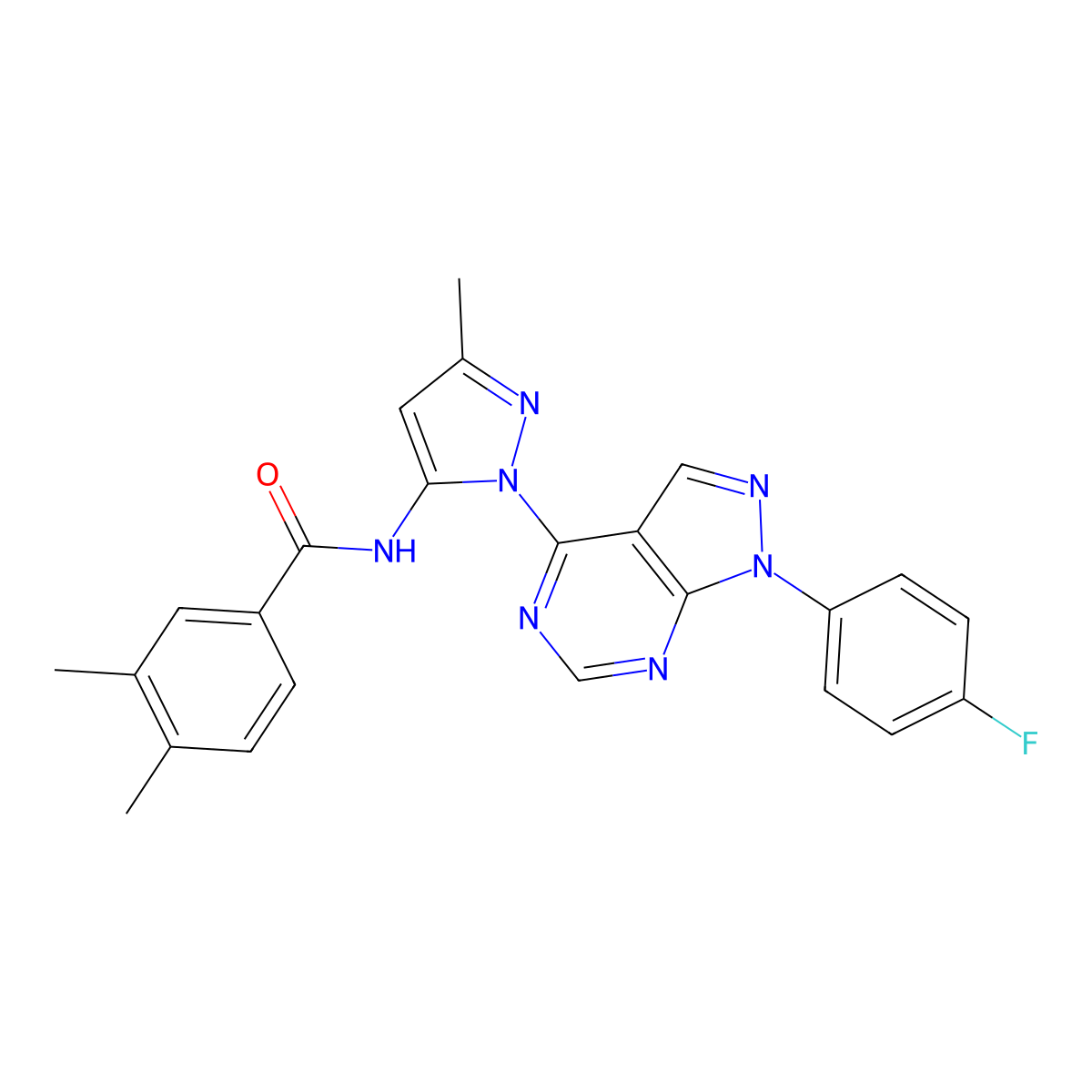 N-{1-[1-(4-fluorophenyl)-1H-pyrazolo[3,4-d]pyrimidin-4-yl]-3-methyl-1H-pyrazol-5-yl}-3,4-dimethylbenzamide molecular structure, CAS 1007061-69-9