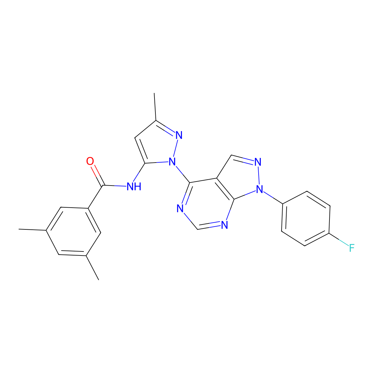 N-{1-[1-(4-fluorophenyl)-1H-pyrazolo[3,4-d]pyrimidin-4-yl]-3-methyl-1H-pyrazol-5-yl}-3,5-dimethylbenzamide molecular structure, CAS 1007061-76-8