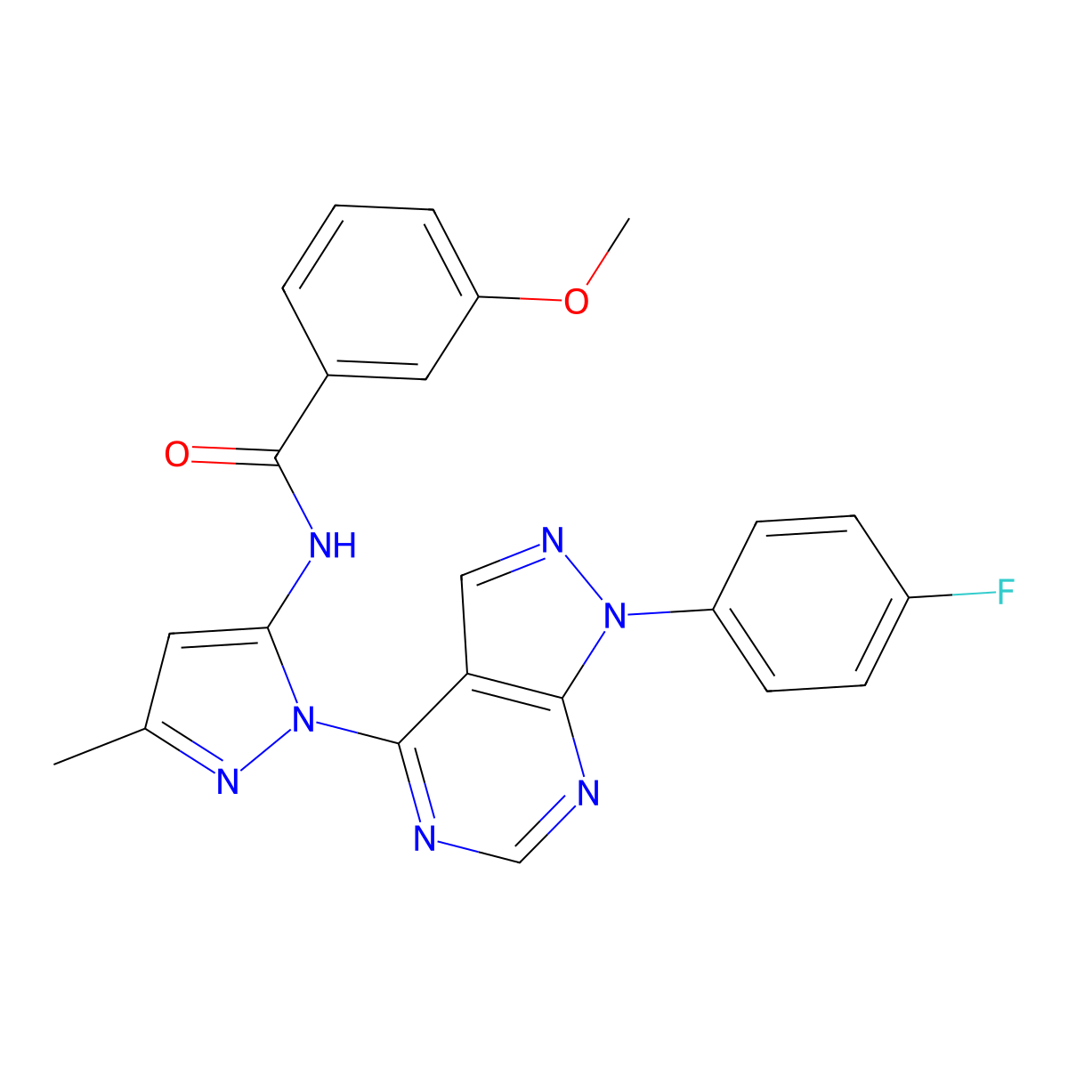 N-(1-(1-(4-fluorophenyl)-1H-pyrazolo[3,4-d]pyrimidin-4-yl)-3-methyl-1H-pyrazol-5-yl)-3-methoxybenzamide molecular structure, CAS 1007061-82-6