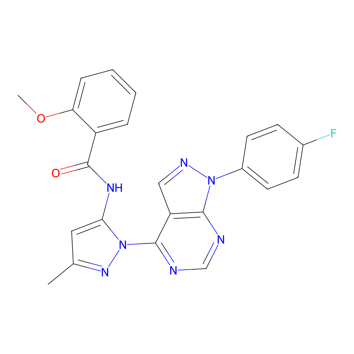 N-(1-(1-(4-fluorophenyl)-1H-pyrazolo[3,4-d]pyrimidin-4-yl)-3-methyl-1H-pyrazol-5-yl)-2-methoxybenzamide molecular structure, CAS 1007061-94-0