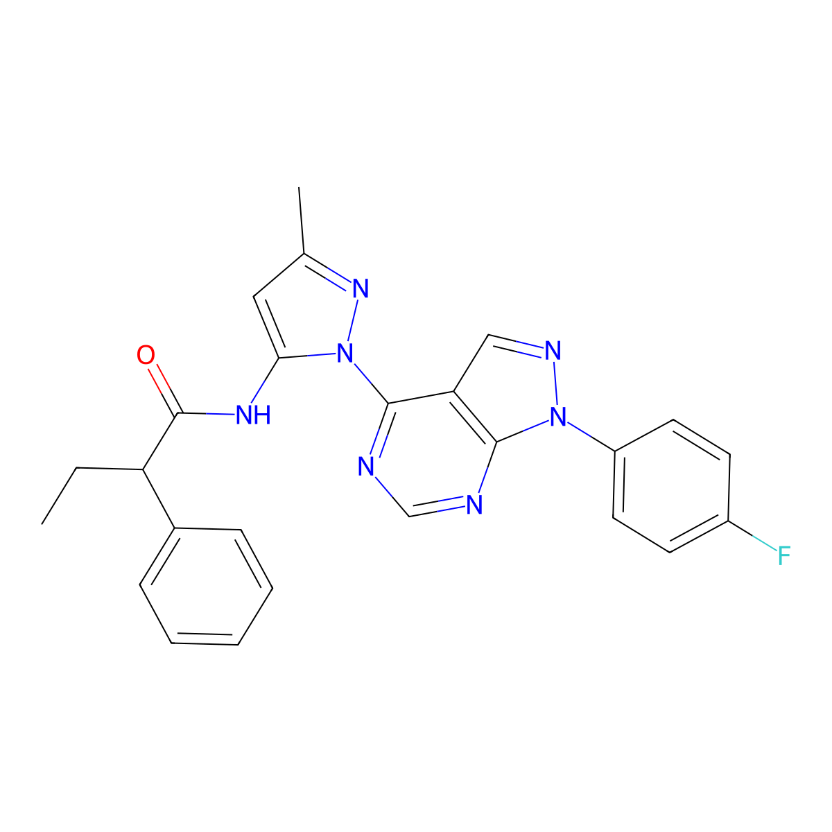 N-(1-(1-(4-fluorophenyl)-1H-pyrazolo[3,4-d]pyrimidin-4-yl)-3-methyl-1H-pyrazol-5-yl)-2-phenylbutanamide molecular structure, CAS 1007062-01-2