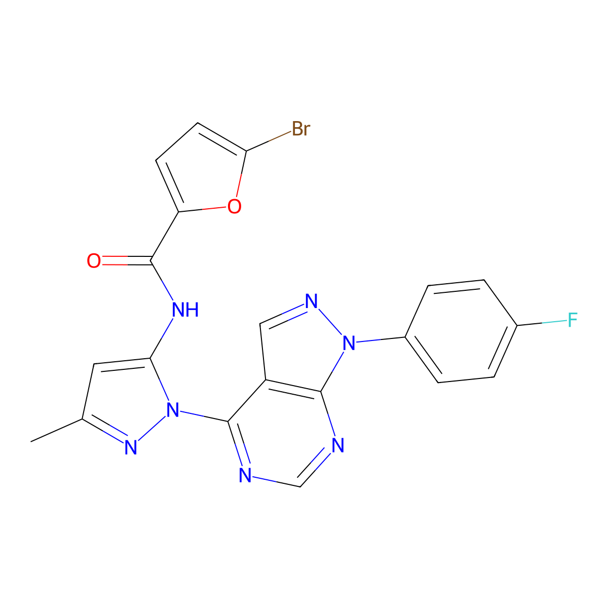 5-bromo-N-{1-[1-(4-fluorophenyl)-1H-pyrazolo[3,4-d]pyrimidin-4-yl]-3-methyl-1H-pyrazol-5-yl}furan-2-carboxamide molecular structure, CAS 1007062-41-0