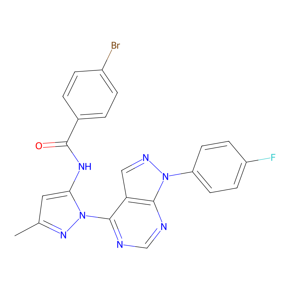 4-bromo-N-(1-(1-(4-fluorophenyl)-1H-pyrazolo[3,4-d]pyrimidin-4-yl)-3-methyl-1H-pyrazol-5-yl)benzamide molecular structure, CAS 1007062-78-3
