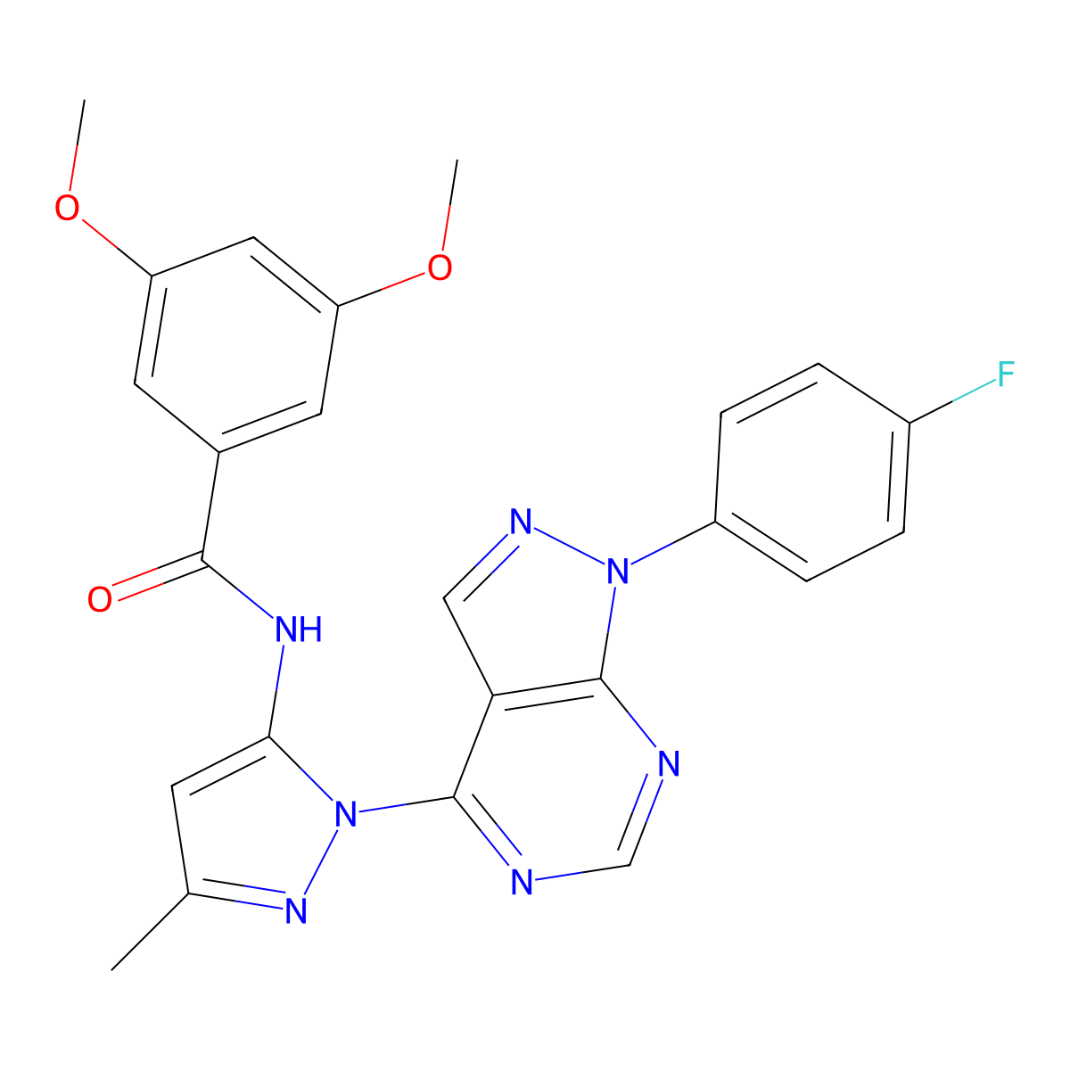 N-(1-(1-(4-fluorophenyl)-1H-pyrazolo[3,4-d]pyrimidin-4-yl)-3-methyl-1H-pyrazol-5-yl)-3,5-dimethoxybenzamide molecular structure, CAS 1007062-98-7