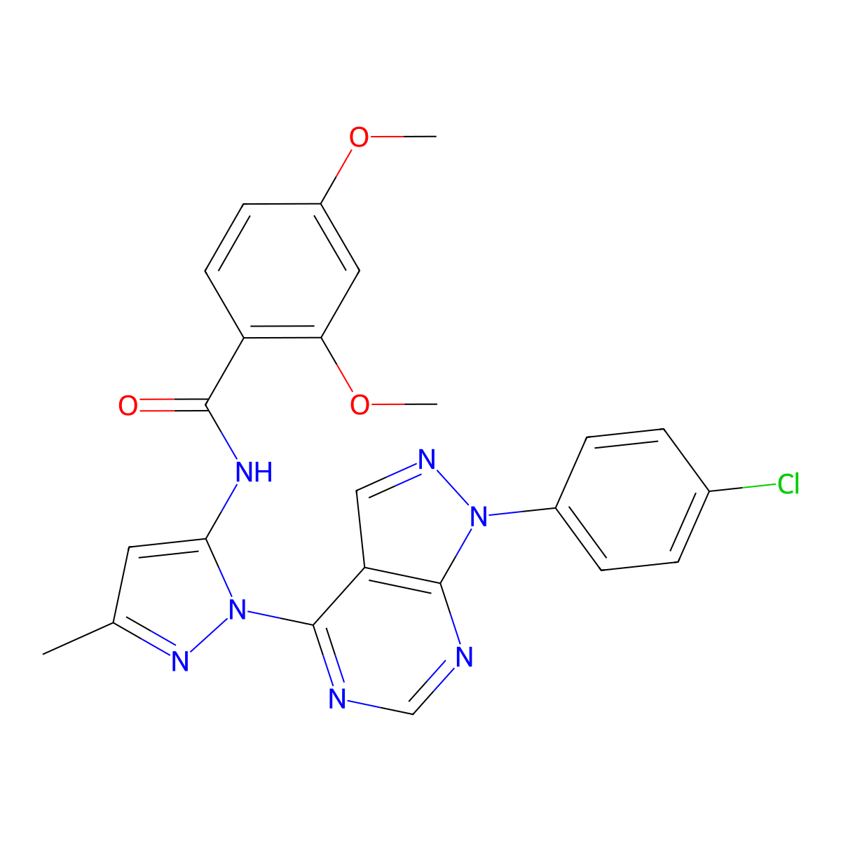 N-(1-(1-(4-chlorophenyl)-1H-pyrazolo[3,4-d]pyrimidin-4-yl)-3-methyl-1H-pyrazol-5-yl)-2,4-dimethoxybenzamide molecular structure, CAS 1007063-26-4