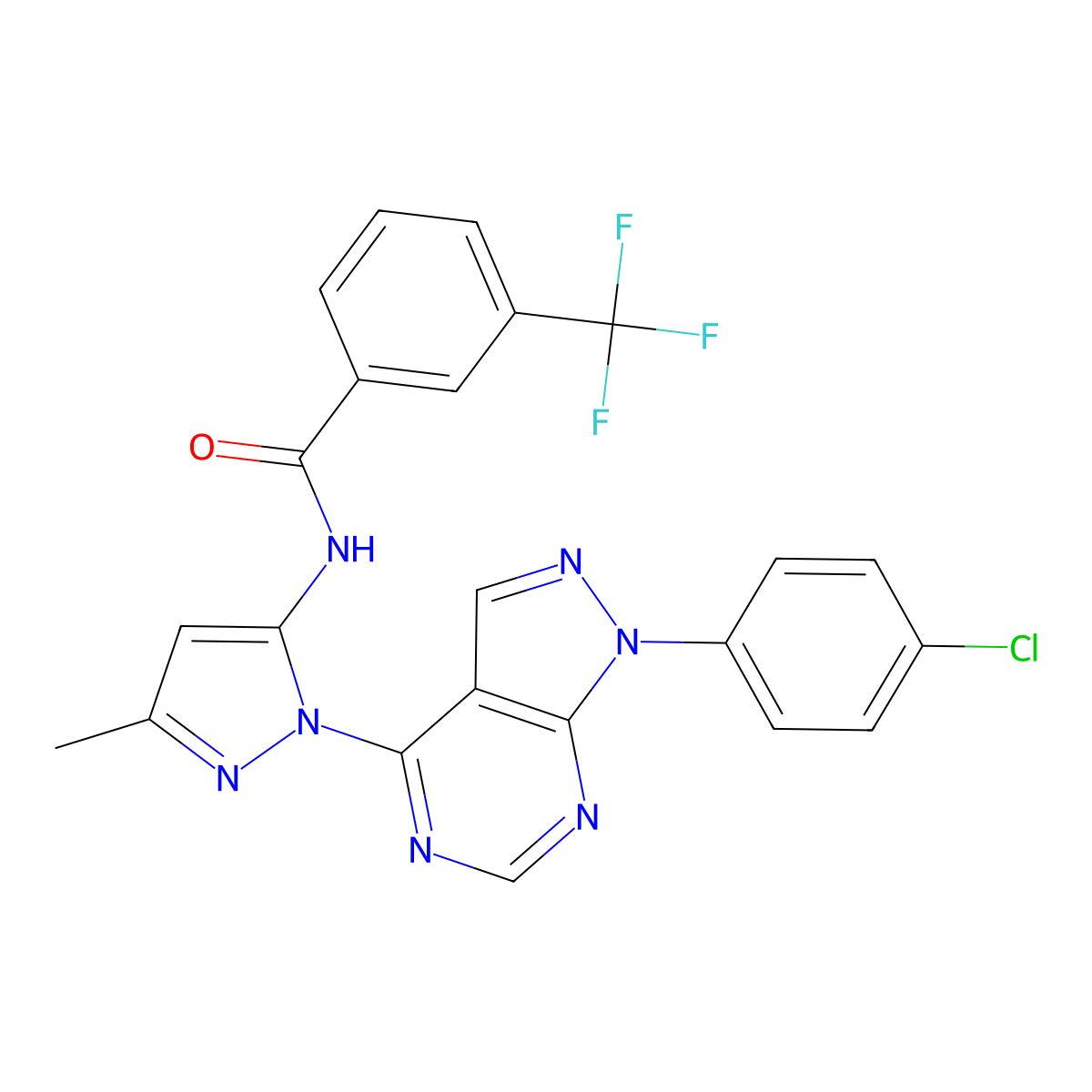 N-{1-[1-(4-chlorophenyl)-1H-pyrazolo[3,4-d]pyrimidin-4-yl]-3-methyl-1H-pyrazol-5-yl}-3-(trifluoromethyl)benzamide molecular structure, CAS 1007063-33-3