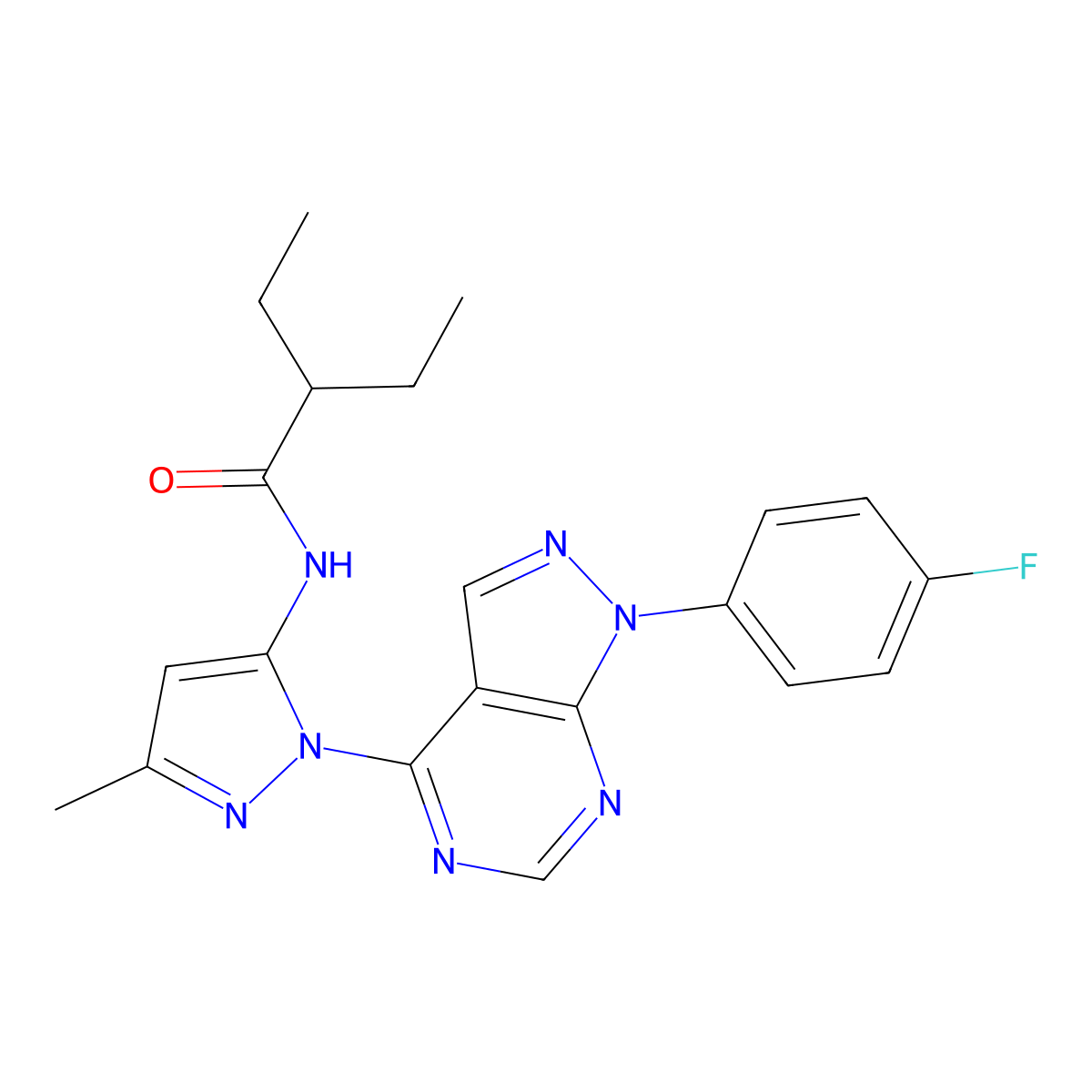 2-ethyl-N-(1-(1-(4-fluorophenyl)-1H-pyrazolo[3,4-d]pyrimidin-4-yl)-3-methyl-1H-pyrazol-5-yl)butanamide molecular structure, CAS 1007084-22-1
