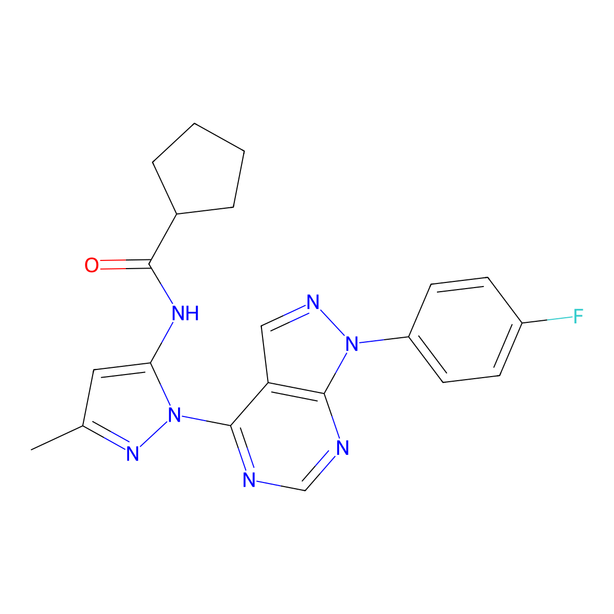 N-(1-(1-(4-fluorophenyl)-1H-pyrazolo[3,4-d]pyrimidin-4-yl)-3-methyl-1H-pyrazol-5-yl)cyclopentanecarboxamide molecular structure, CAS 1007084-27-6