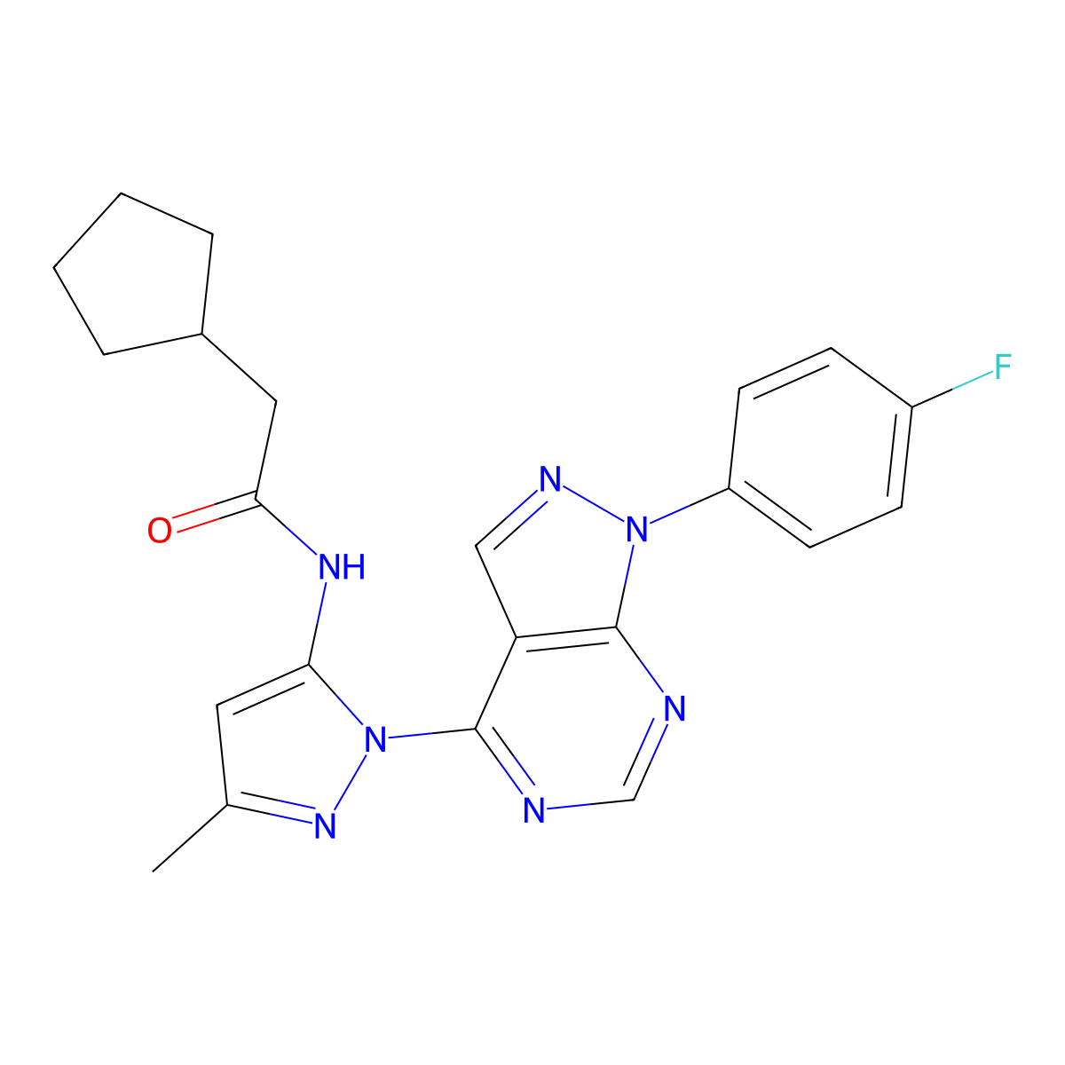 2-cyclopentyl-N-(1-(1-(4-fluorophenyl)-1H-pyrazolo[3,4-d]pyrimidin-4-yl)-3-methyl-1H-pyrazol-5-yl)acetamide molecular structure, CAS 1007084-37-8