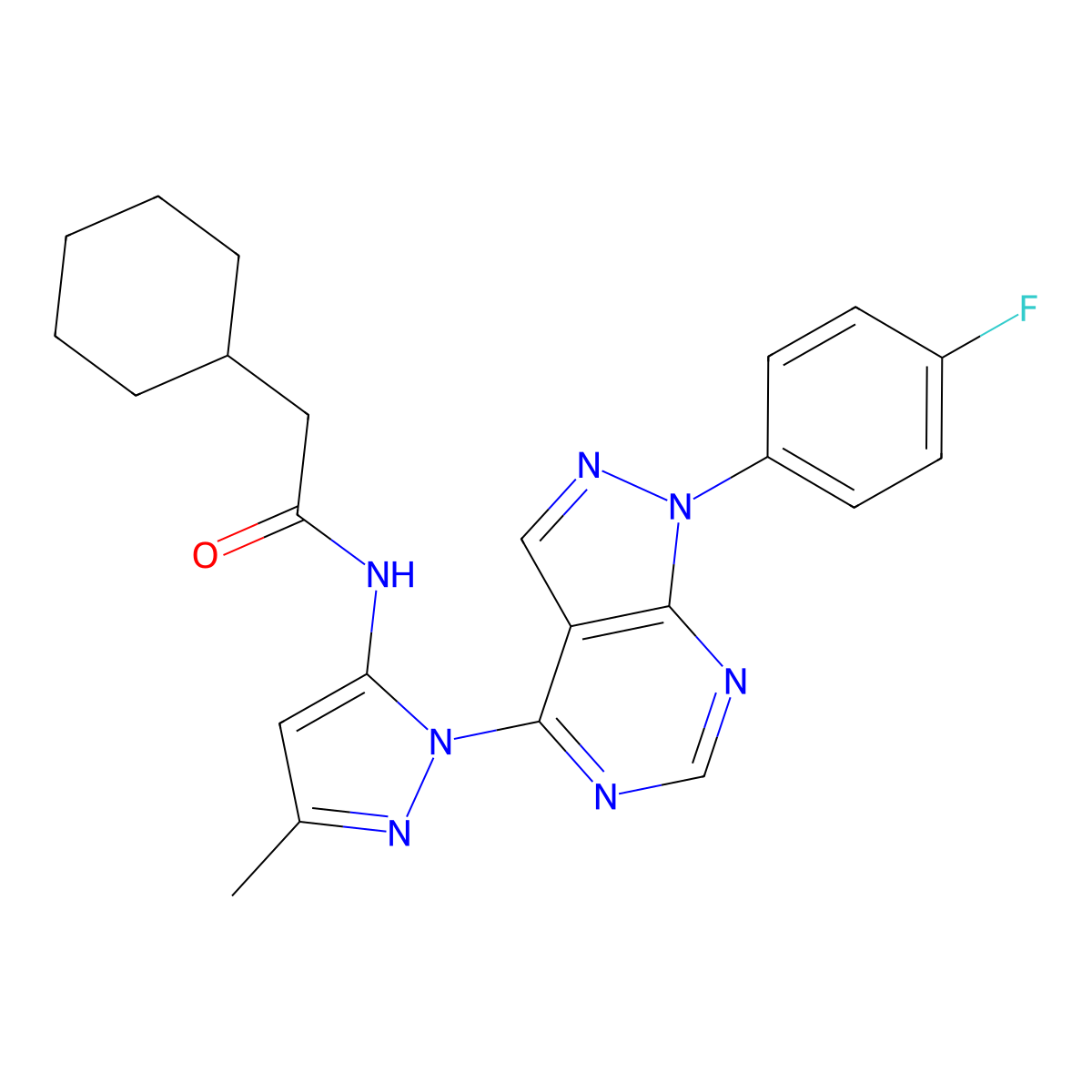 2-cyclohexyl-N-{1-[1-(4-fluorophenyl)-1H-pyrazolo[3,4-d]pyrimidin-4-yl]-3-methyl-1H-pyrazol-5-yl}acetamide molecular structure, CAS 1007084-50-5