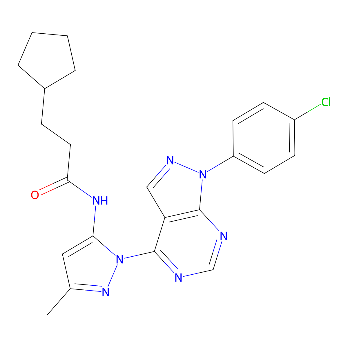 N-(1-(1-(4-chlorophenyl)-1H-pyrazolo[3,4-d]pyrimidin-4-yl)-3-methyl-1H-pyrazol-5-yl)-3-cyclopentylpropanamide molecular structure, CAS 1007084-62-9