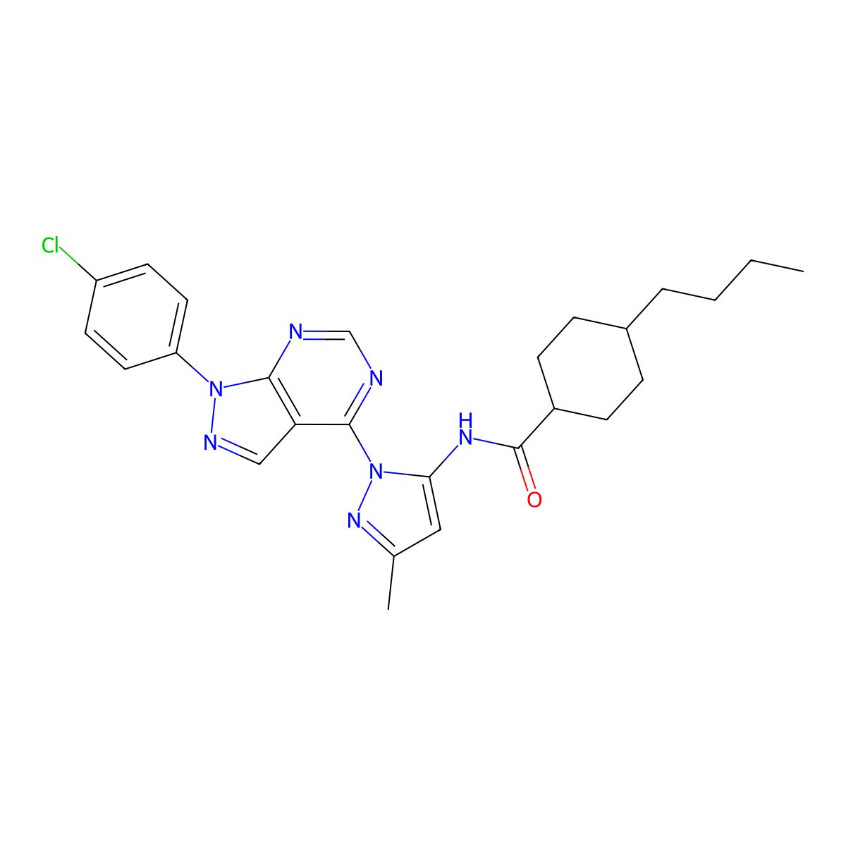 4-butyl-N-(1-(1-(4-chlorophenyl)-1H-pyrazolo[3,4-d]pyrimidin-4-yl)-3-methyl-1H-pyrazol-5-yl)cyclohexanecarboxamide molecular structure, CAS 1007084-73-2