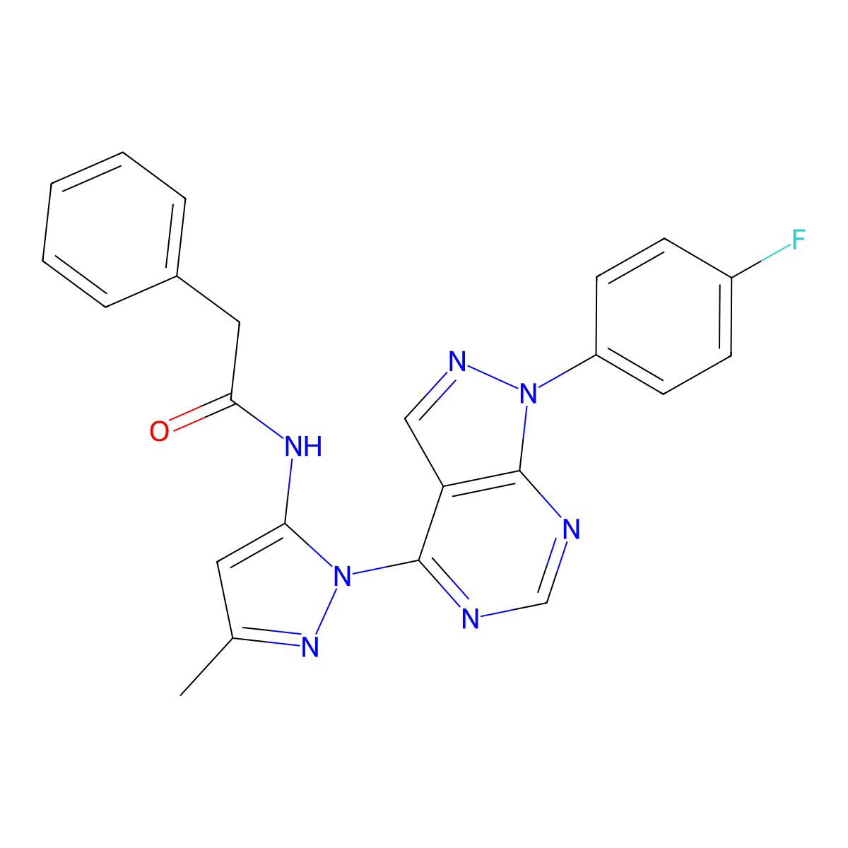 N-(1-(1-(4-fluorophenyl)-1H-pyrazolo[3,4-d]pyrimidin-4-yl)-3-methyl-1H-pyrazol-5-yl)-2-phenylacetamide molecular structure, CAS 1007084-80-1