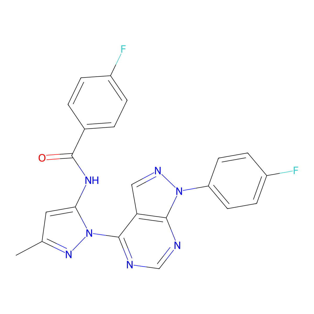 4-fluoro-N-(1-(1-(4-fluorophenyl)-1H-pyrazolo[3,4-d]pyrimidin-4-yl)-3-methyl-1H-pyrazol-5-yl)benzamide molecular structure, CAS 1007084-98-1