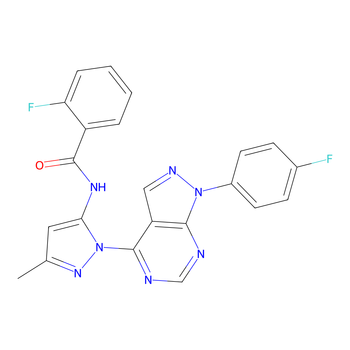 2-fluoro-N-{1-[1-(4-fluorophenyl)-1H-pyrazolo[3,4-d]pyrimidin-4-yl]-3-methyl-1H-pyrazol-5-yl}benzamide molecular structure, CAS 1007085-10-0