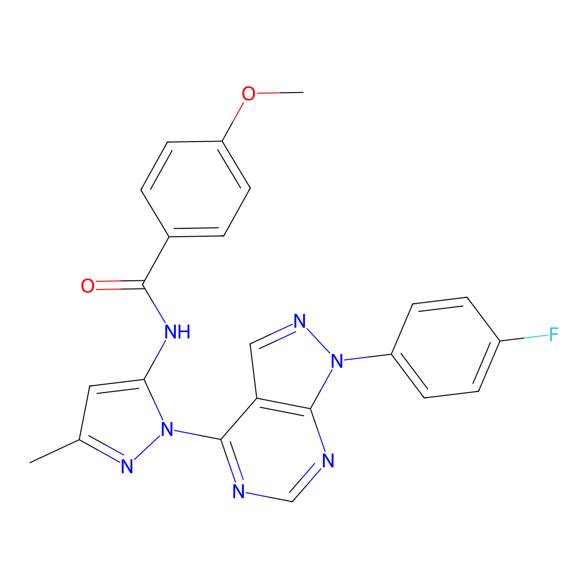 N-(1-(1-(4-fluorophenyl)-1H-pyrazolo[3,4-d]pyrimidin-4-yl)-3-methyl-1H-pyrazol-5-yl)-4-methoxybenzamide molecular structure, CAS 1007085-23-5