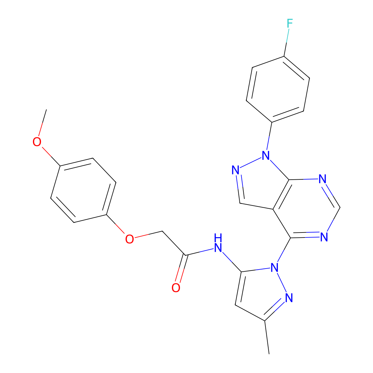 N-{1-[1-(4-fluorophenyl)-1H-pyrazolo[3,4-d]pyrimidin-4-yl]-3-methyl-1H-pyrazol-5-yl}-2-(4-methoxyphenoxy)acetamide molecular structure, CAS 1007085-69-9