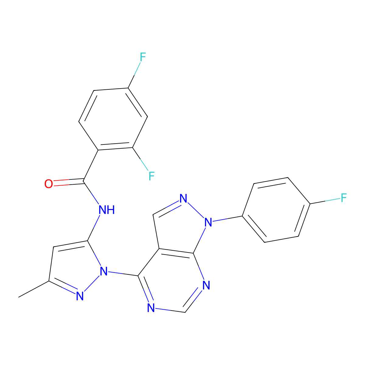 2,4-difluoro-N-(1-(1-(4-fluorophenyl)-1H-pyrazolo[3,4-d]pyrimidin-4-yl)-3-methyl-1H-pyrazol-5-yl)benzamide molecular structure, CAS 1007085-76-8