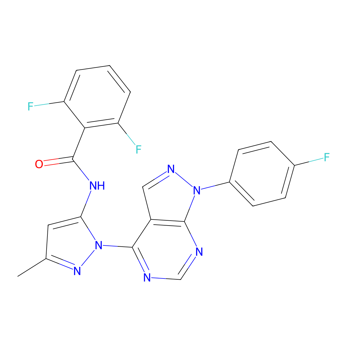 2,6-difluoro-N-{1-[1-(4-fluorophenyl)-1H-pyrazolo[3,4-d]pyrimidin-4-yl]-3-methyl-1H-pyrazol-5-yl}benzamide molecular structure, CAS 1007085-94-0