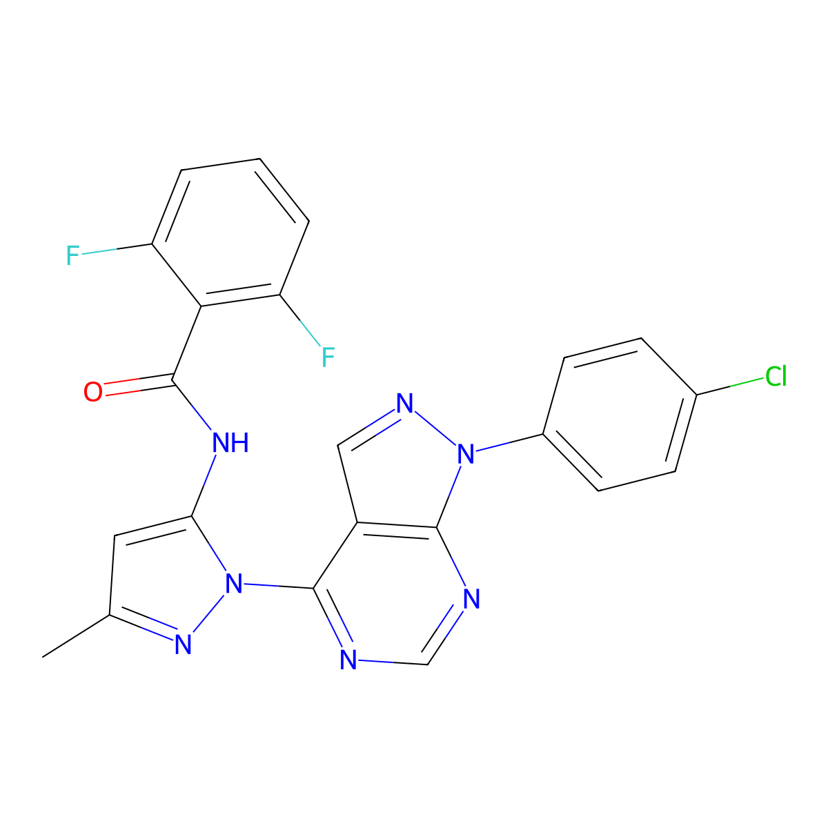 N-(1-(1-(4-chlorophenyl)-1H-pyrazolo[3,4-d]pyrimidin-4-yl)-3-methyl-1H-pyrazol-5-yl)-2,6-difluorobenzamide molecular structure, CAS 1007086-39-6