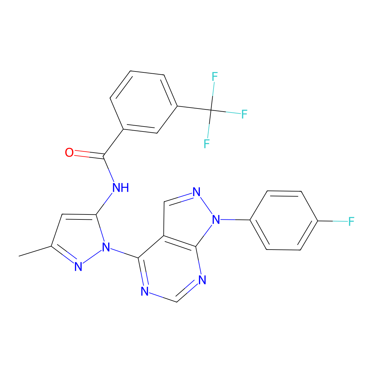 N-(1-(1-(4-fluorophenyl)-1H-pyrazolo[3,4-d]pyrimidin-4-yl)-3-methyl-1H-pyrazol-5-yl)-3-(trifluoromethyl)benzamide molecular structure, CAS 1007086-68-1