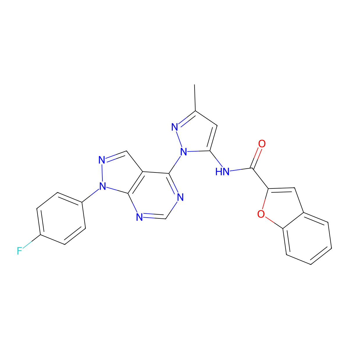 N-(1-(1-(4-fluorophenyl)-1H-pyrazolo[3,4-d]pyrimidin-4-yl)-3-methyl-1H-pyrazol-5-yl)benzofuran-2-carboxamide molecular structure, CAS 1007086-85-2
