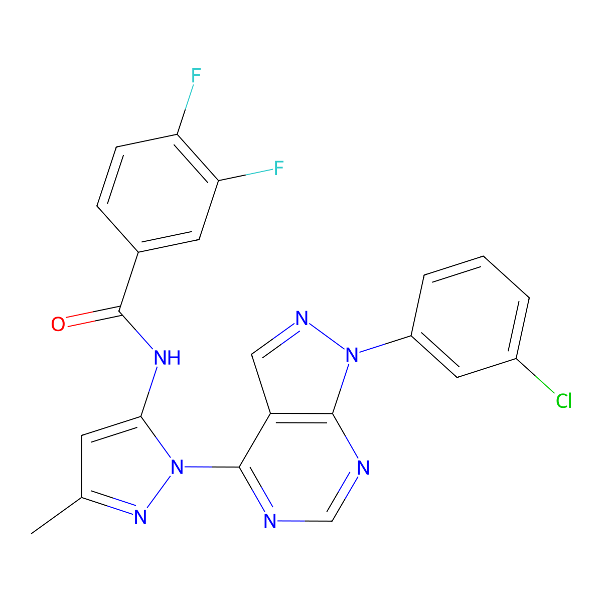 N-(1-(1-(3-chlorophenyl)-1H-pyrazolo[3,4-d]pyrimidin-4-yl)-3-methyl-1H-pyrazol-5-yl)-3,4-difluorobenzamide molecular structure, CAS 1007172-56-6