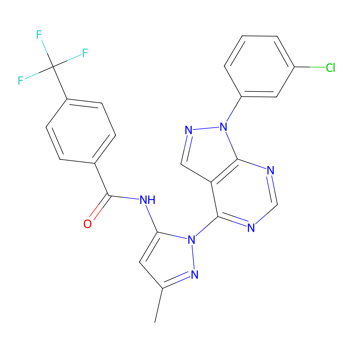 N-{1-[1-(3-chlorophenyl)-1H-pyrazolo[3,4-d]pyrimidin-4-yl]-3-methyl-1H-pyrazol-5-yl}-4-(trifluoromethyl)benzamide molecular structure, CAS 1007172-59-9