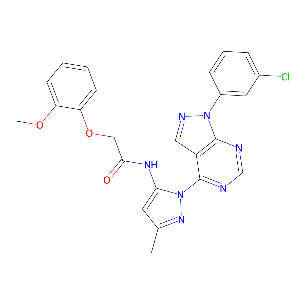 N-{1-[1-(3-chlorophenyl)-1H-pyrazolo[3,4-d]pyrimidin-4-yl]-3-methyl-1H-pyrazol-5-yl}-2-(2-methoxyphenoxy)acetamide molecular structure, CAS 1007172-63-5
