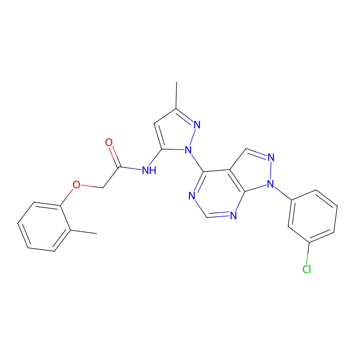 N-{1-[1-(3-chlorophenyl)-1H-pyrazolo[3,4-d]pyrimidin-4-yl]-3-methyl-1H-pyrazol-5-yl}-2-(2-methylphenoxy)acetamide molecular structure, CAS 1007172-64-6