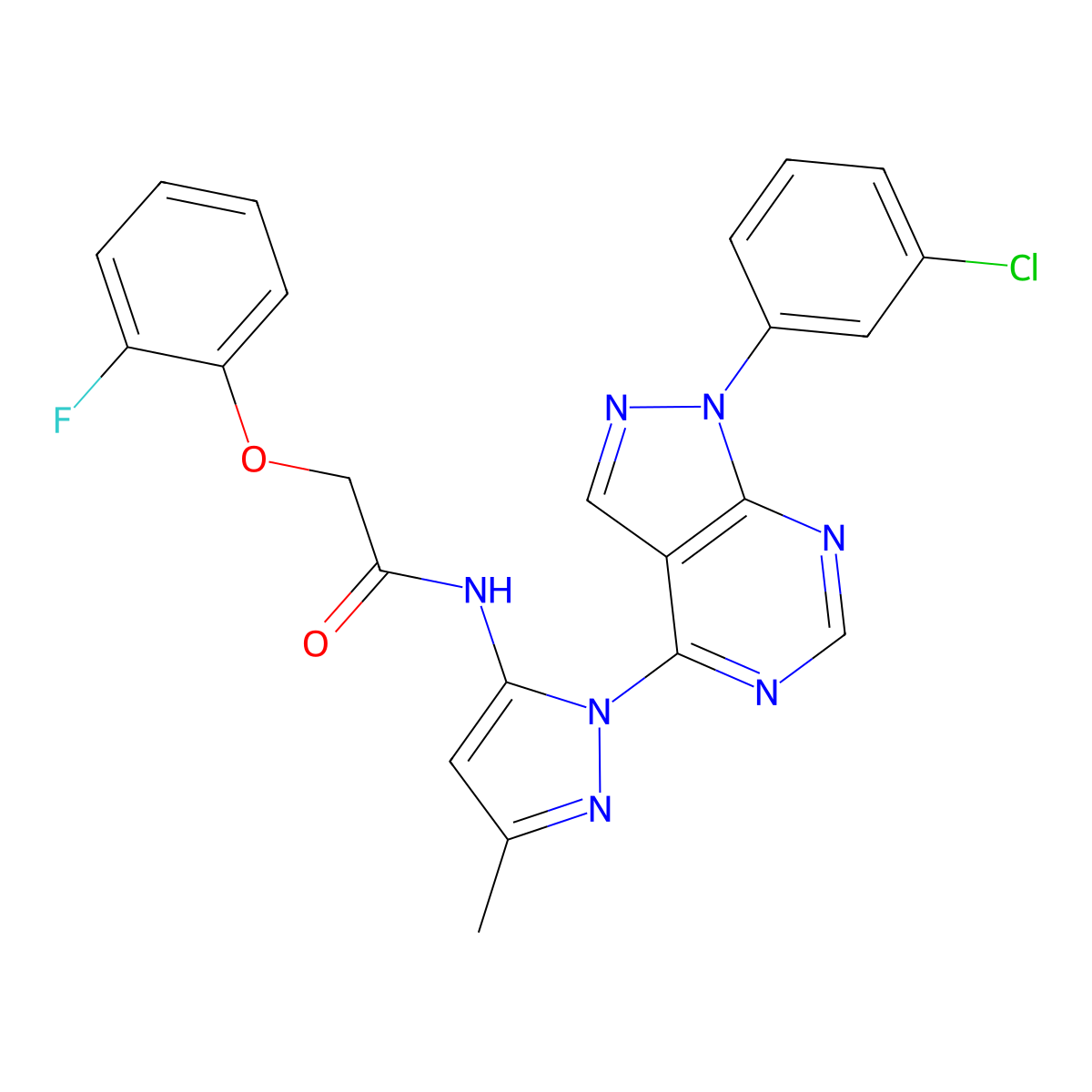 N-{1-[1-(3-chlorophenyl)-1H-pyrazolo[3,4-d]pyrimidin-4-yl]-3-methyl-1H-pyrazol-5-yl}-2-(2-fluorophenoxy)acetamide molecular structure, CAS 1007172-65-7