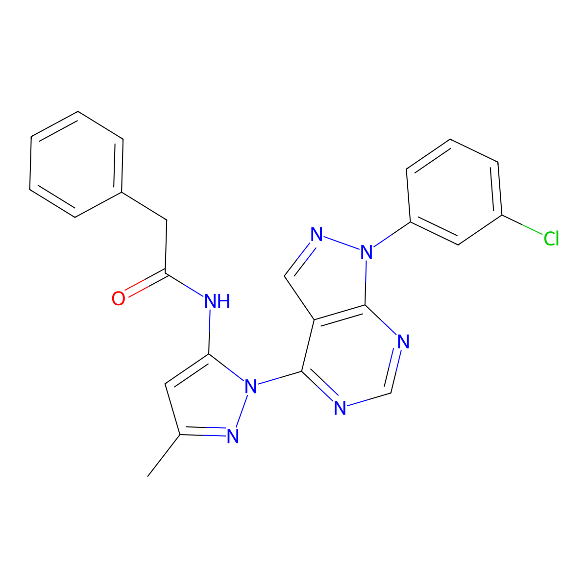 N-(1-(1-(3-chlorophenyl)-1H-pyrazolo[3,4-d]pyrimidin-4-yl)-3-methyl-1H-pyrazol-5-yl)-2-phenylacetamide molecular structure, CAS 1007172-66-8