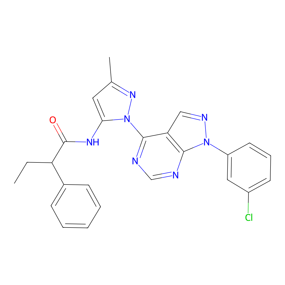 N-{1-[1-(3-chlorophenyl)-1H-pyrazolo[3,4-d]pyrimidin-4-yl]-3-methyl-1H-pyrazol-5-yl}-2-phenylbutanamide molecular structure, CAS 1007172-68-0