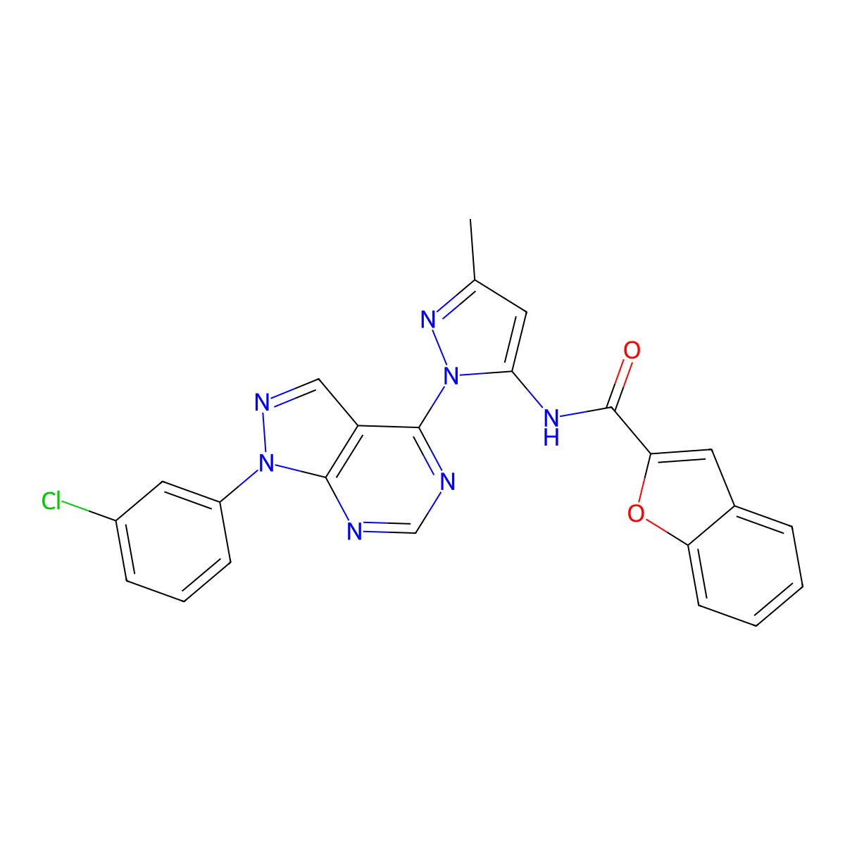 N-(1-(1-(3-chlorophenyl)-1H-pyrazolo[3,4-d]pyrimidin-4-yl)-3-methyl-1H-pyrazol-5-yl)benzofuran-2-carboxamide molecular structure, CAS 1007172-71-5