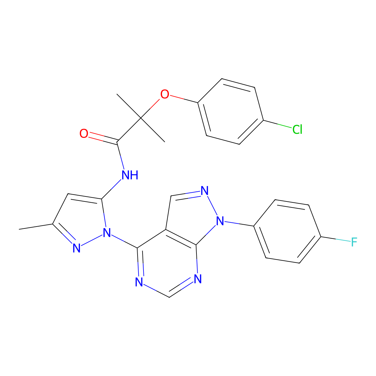 2-(4-chlorophenoxy)-N-(1-(1-(4-fluorophenyl)-1H-pyrazolo[3,4-d]pyrimidin-4-yl)-3-methyl-1H-pyrazol-5-yl)-2-methylpropanamide molecular structure, CAS 1007172-90-8