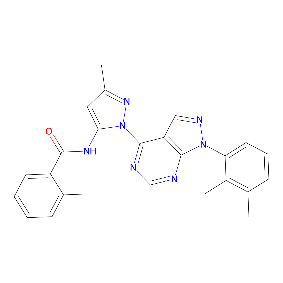 N-{1-[1-(2,3-dimethylphenyl)-1H-pyrazolo[3,4-d]pyrimidin-4-yl]-3-methyl-1H-pyrazol-5-yl}-2-methylbenzamide molecular structure, CAS 1007173-20-7