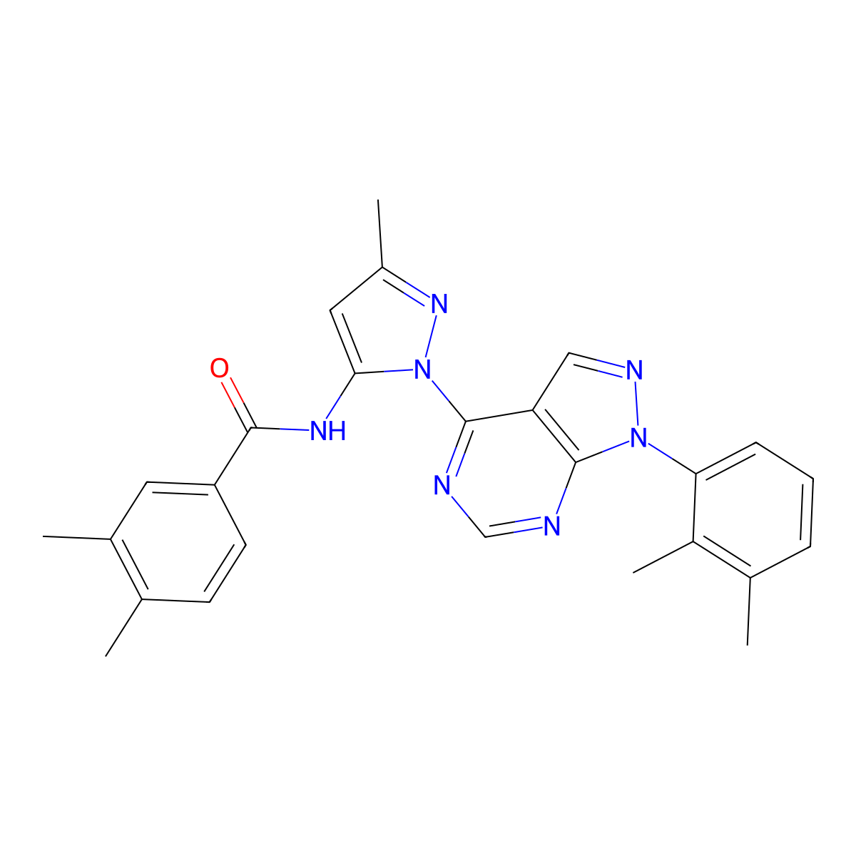 N-{1-[1-(2,3-dimethylphenyl)-1H-pyrazolo[3,4-d]pyrimidin-4-yl]-3-methyl-1H-pyrazol-5-yl}-3,4-dimethylbenzamide molecular structure, CAS 1007173-22-9