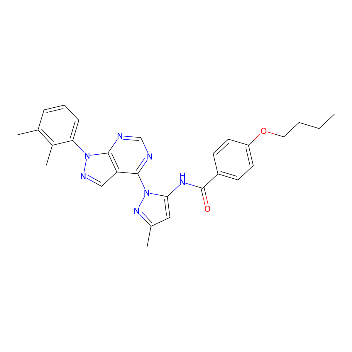 4-butoxy-N-{1-[1-(2,3-dimethylphenyl)-1H-pyrazolo[3,4-d]pyrimidin-4-yl]-3-methyl-1H-pyrazol-5-yl}benzamide molecular structure, CAS 1007173-26-3