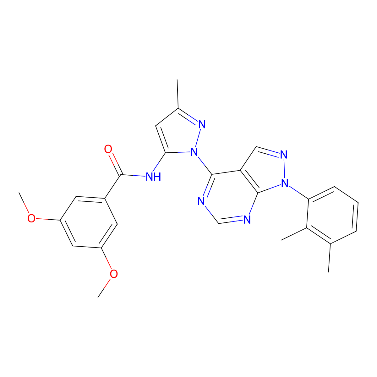 N-{1-[1-(2,3-dimethylphenyl)-1H-pyrazolo[3,4-d]pyrimidin-4-yl]-3-methyl-1H-pyrazol-5-yl}-3,5-dimethoxybenzamide molecular structure, CAS 1007173-28-5