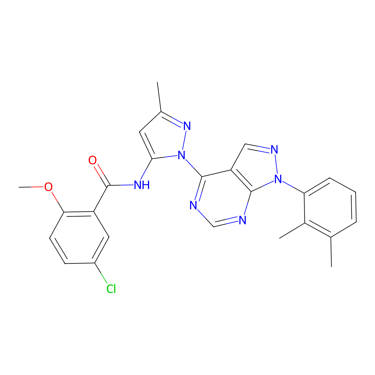 5-chloro-N-{1-[1-(2,3-dimethylphenyl)-1H-pyrazolo[3,4-d]pyrimidin-4-yl]-3-methyl-1H-pyrazol-5-yl}-2-methoxybenzamide molecular structure, CAS 1007173-37-6