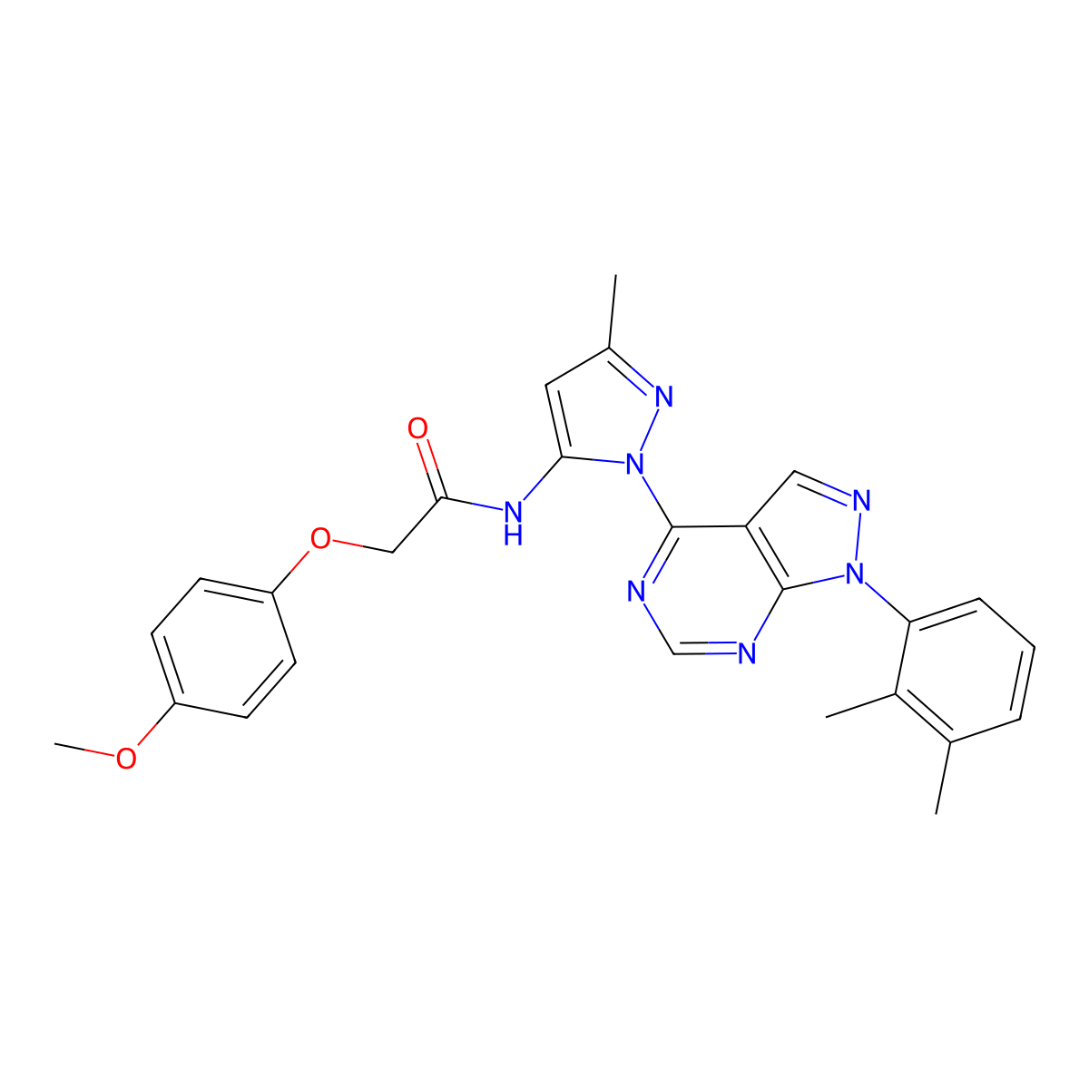 N-{1-[1-(2,3-dimethylphenyl)-1H-pyrazolo[3,4-d]pyrimidin-4-yl]-3-methyl-1H-pyrazol-5-yl}-2-(4-methoxyphenoxy)acetamide molecular structure, CAS 1007173-43-4